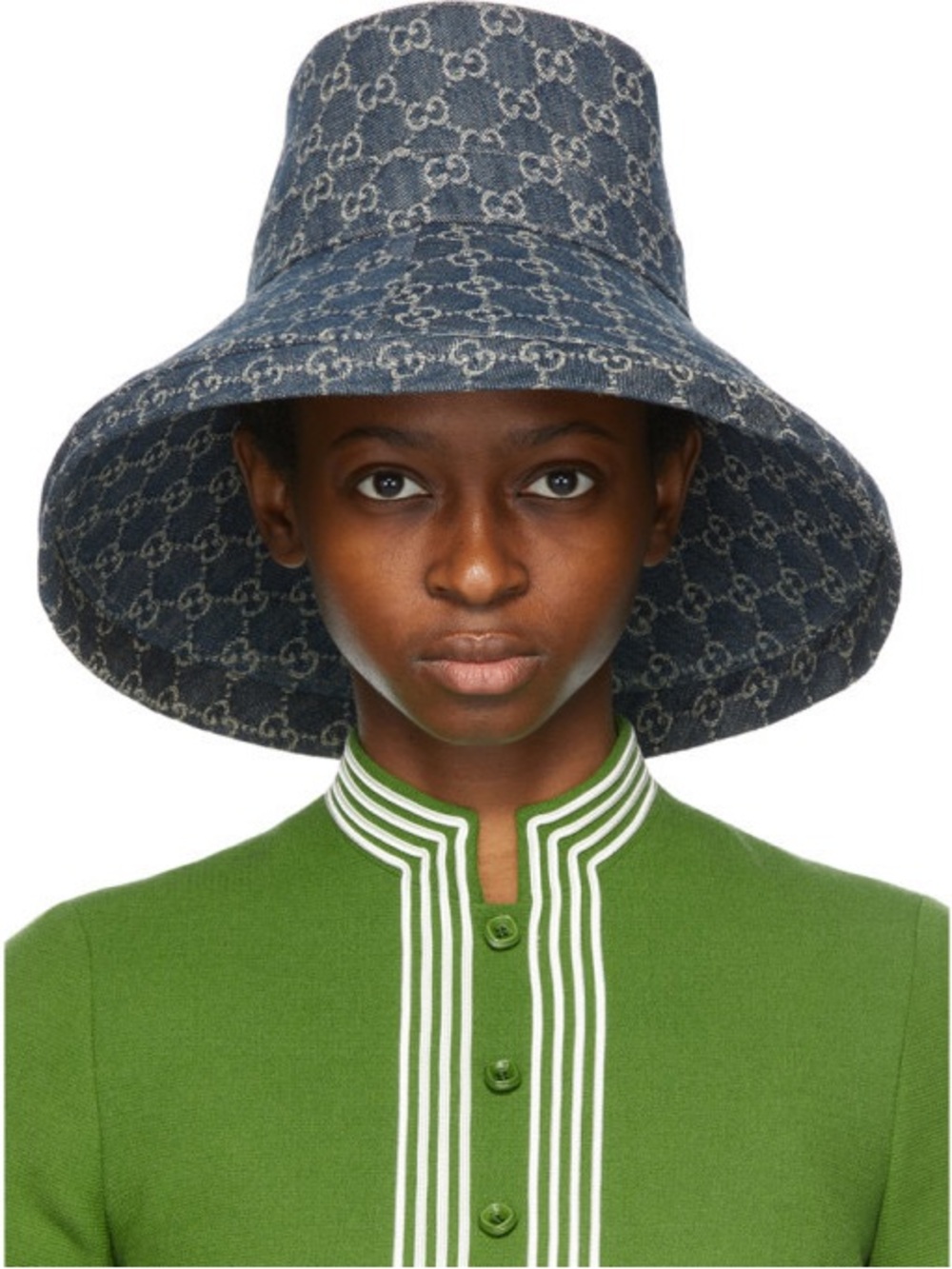Denim Monogram Large Brim Bucket Hat Jacquard Navy Blue Canvas Sun Beach - Picture 11 of 13